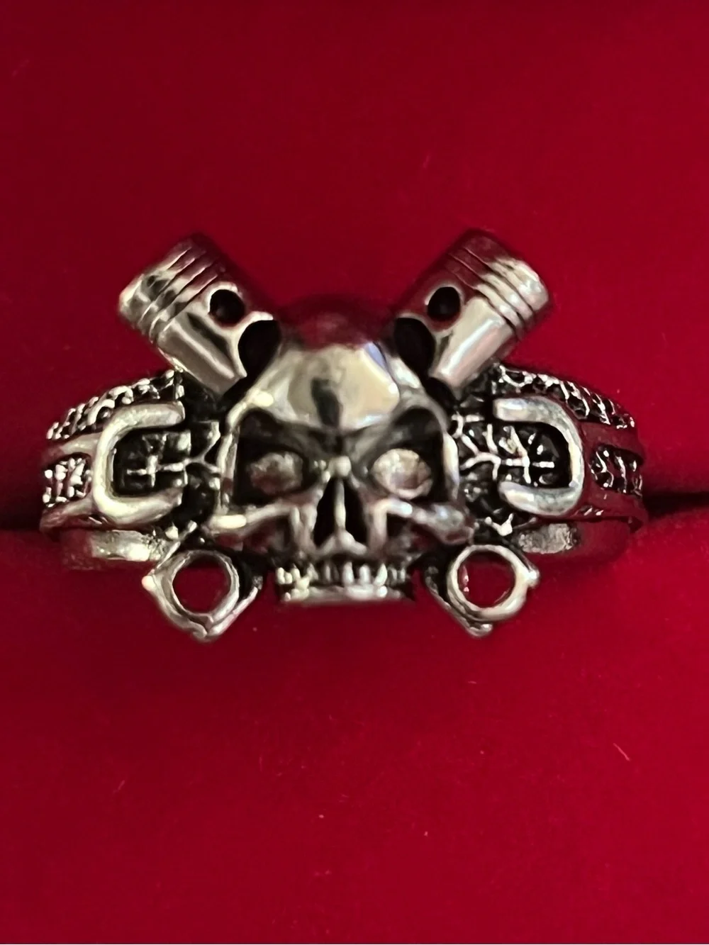 Men's Silver Skull & Pistons Ring - Gothic Biker Style Size 10